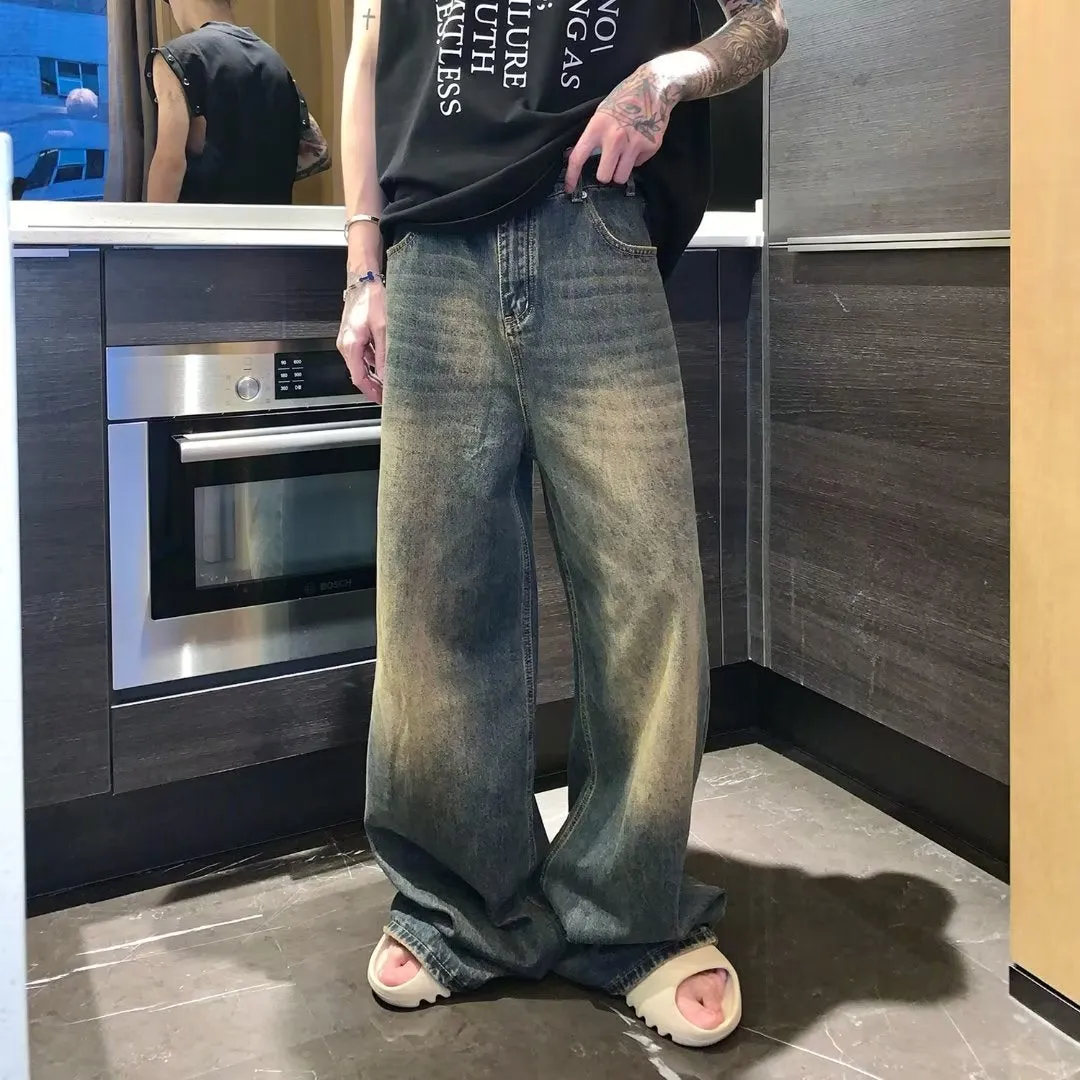 American Retro Mopping Jeans Men's High Street Ins Fashion Brand Washed Cat Beard Loose Wide Leg Draping Effect Long Pants