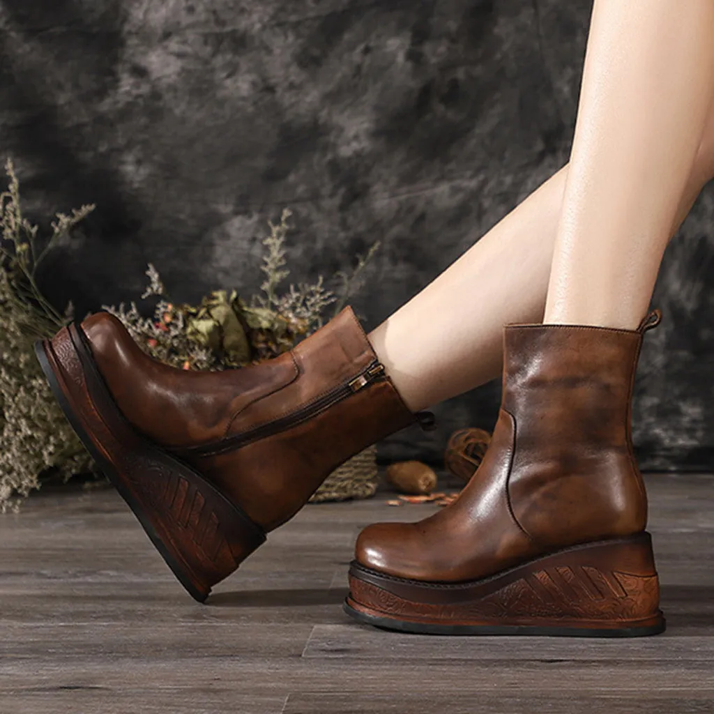 Autumn Winter Leather Wedge Women's Retro Boots