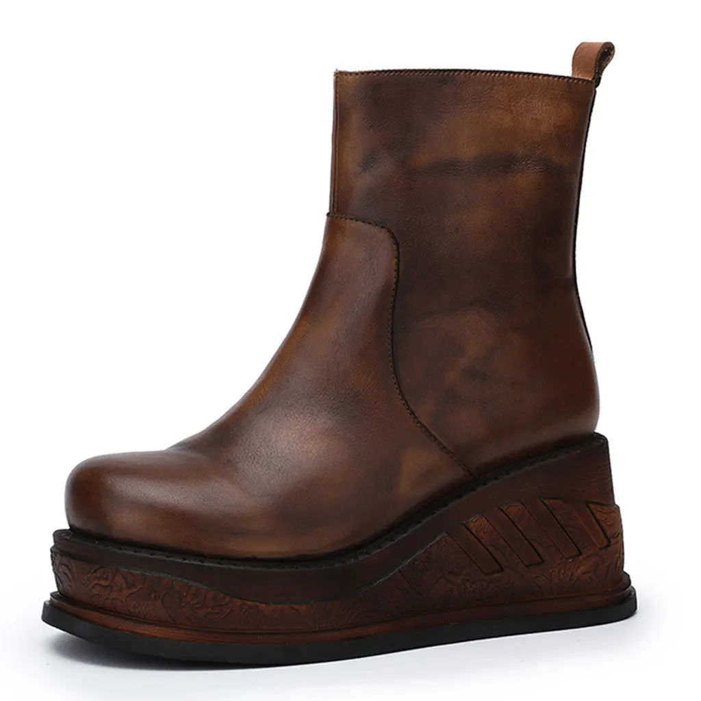 Autumn Winter Leather Wedge Women's Retro Boots