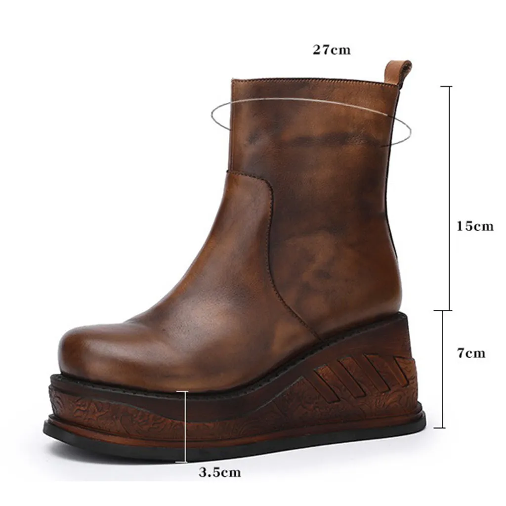 Autumn Winter Leather Wedge Women's Retro Boots