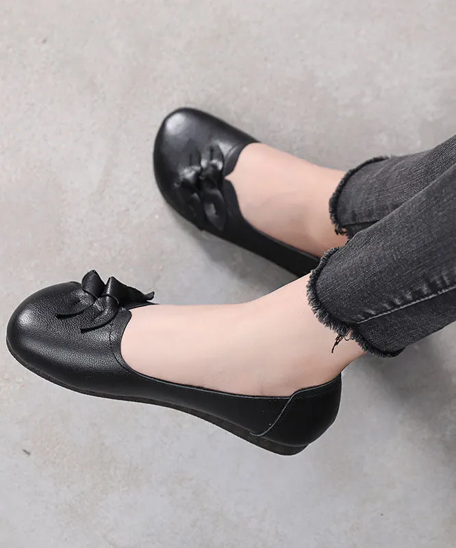 Black Bow Flat Shoes For Women Handmade Cowhide Leather Flat Shoes LC0514