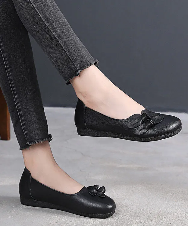 Black Bow Flat Shoes For Women Handmade Cowhide Leather Flat Shoes LC0514