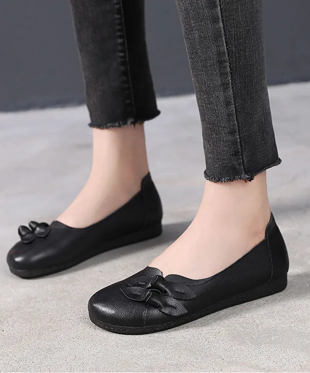 Black Bow Flat Shoes For Women Handmade Cowhide Leather Flat Shoes LC0514