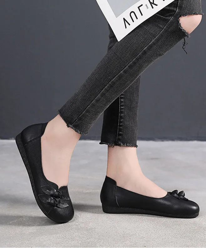 Black Bow Flat Shoes For Women Handmade Cowhide Leather Flat Shoes LC0514