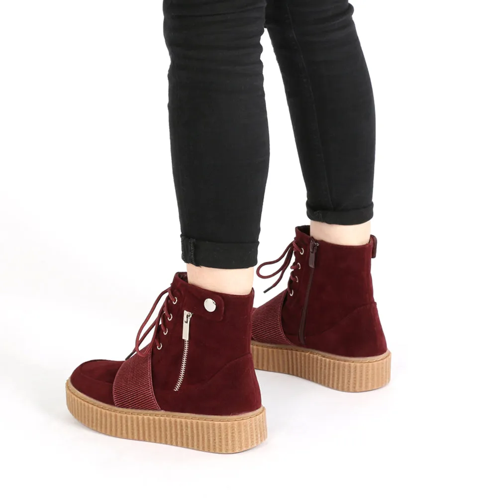 Christa Strap Detail Hi Top Creepers in Bordeaux Faux Suede