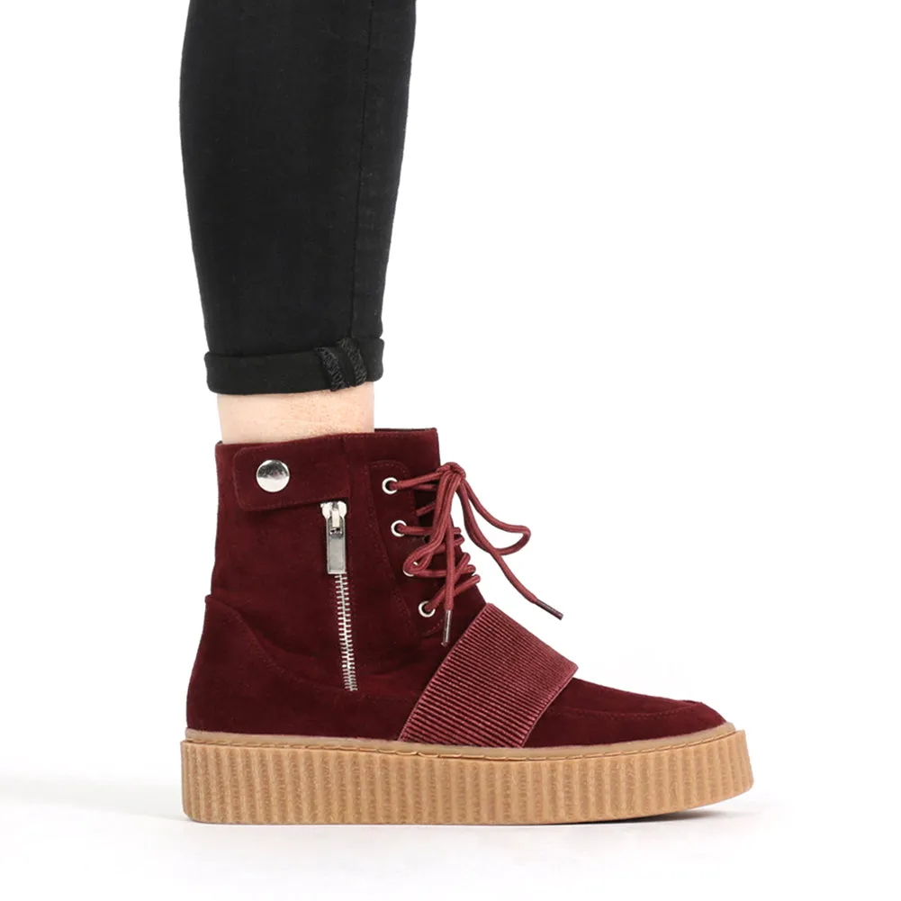 Christa Strap Detail Hi Top Creepers in Bordeaux Faux Suede