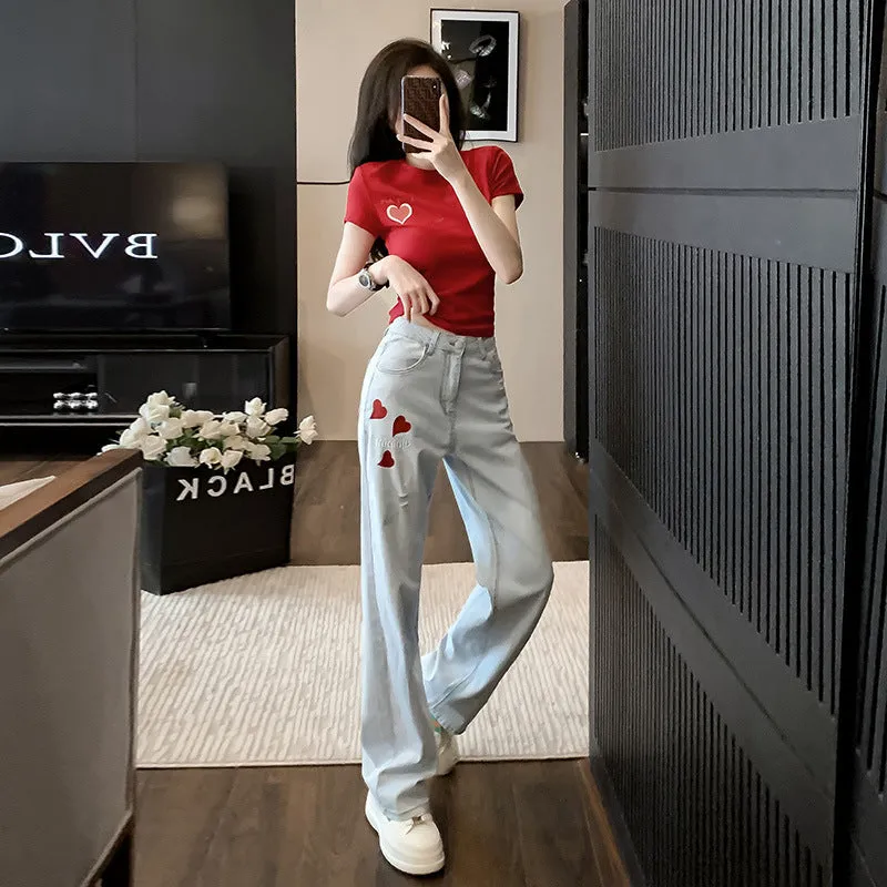 Fashion Fried Street Casual Suit Women's Summer  New European Goods Fashion Slimming High Straight Jeans Two-Piece Set