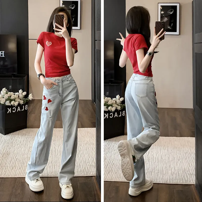 Fashion Fried Street Casual Suit Women's Summer  New European Goods Fashion Slimming High Straight Jeans Two-Piece Set