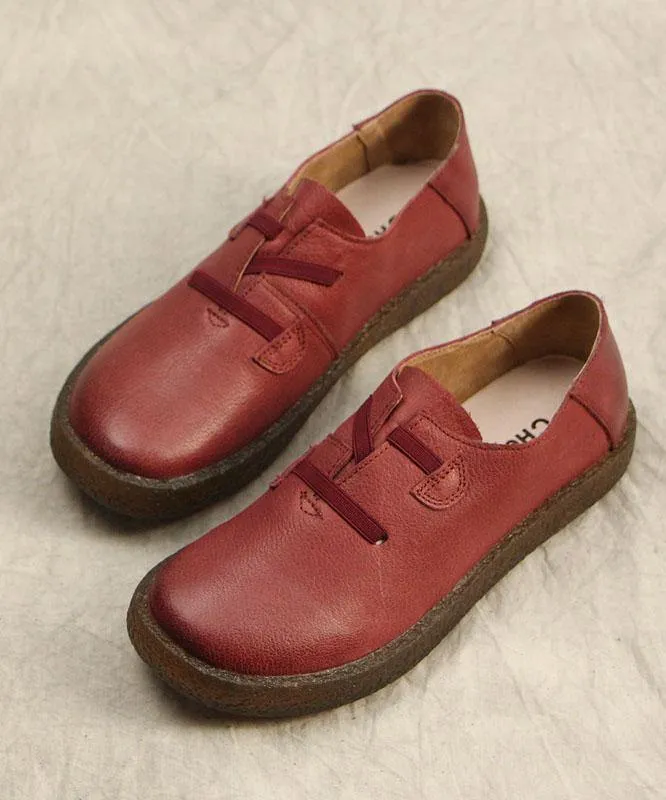 Fitted Cross Strap Flat Shoes For Women Red Genuine Leather