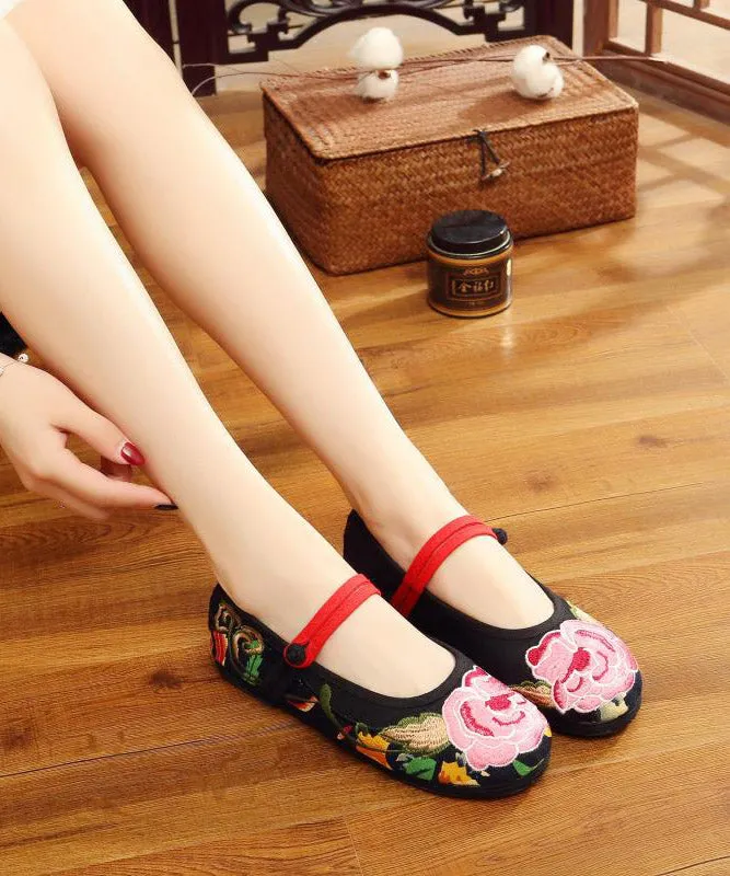 Green Flat Shoes Embroideried Comfy Cotton Fabric Buckle Strap Flat Shoes For Women