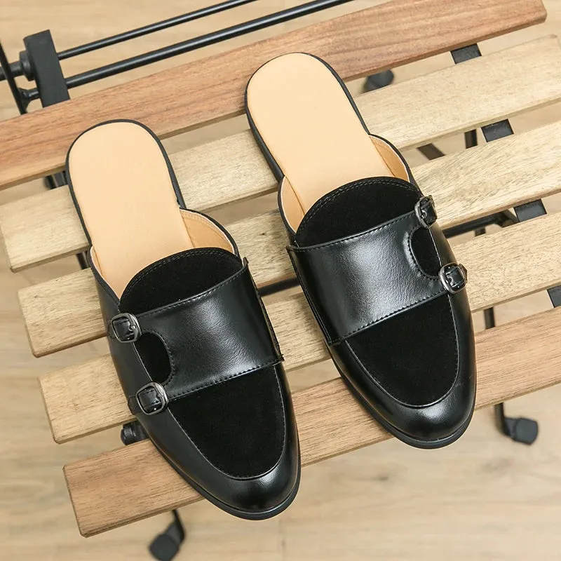 Hnzxzm Black Half Shoes for Men Genuine Cow Leather Shoes Men Mules Causal Men Shoes with Double Buckle Shallow Breathable Shoe for Men