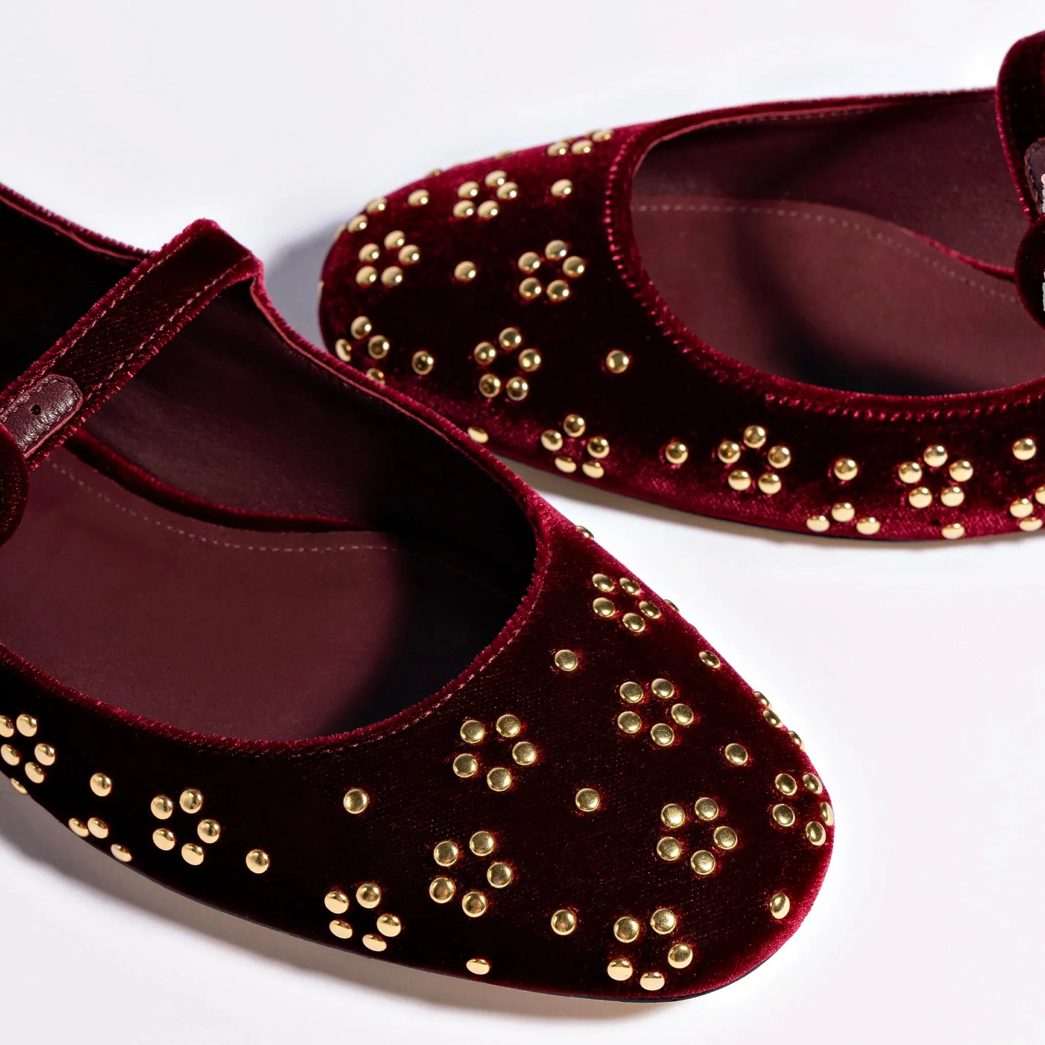 Larroude Blair Ballet Flat In Wine Velvet and Gold Studs