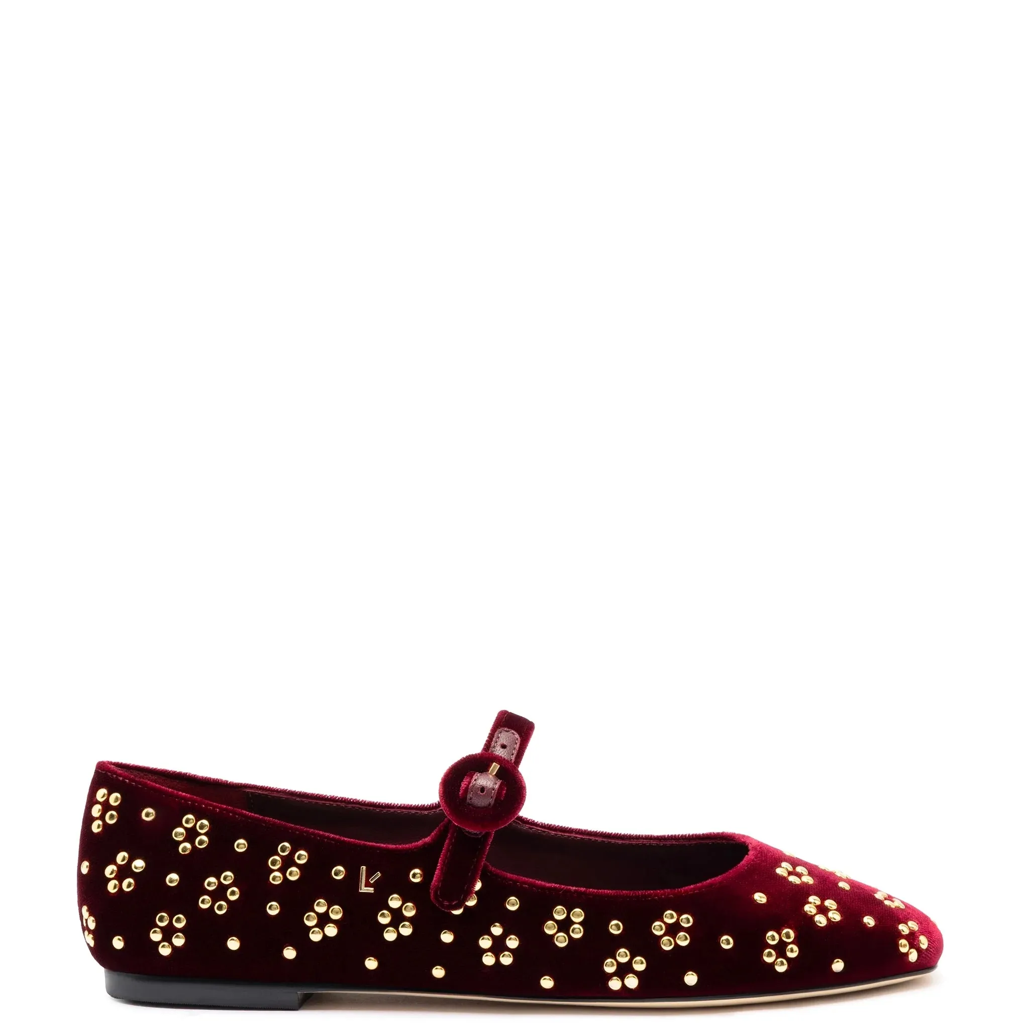 Larroude Blair Ballet Flat In Wine Velvet and Gold Studs