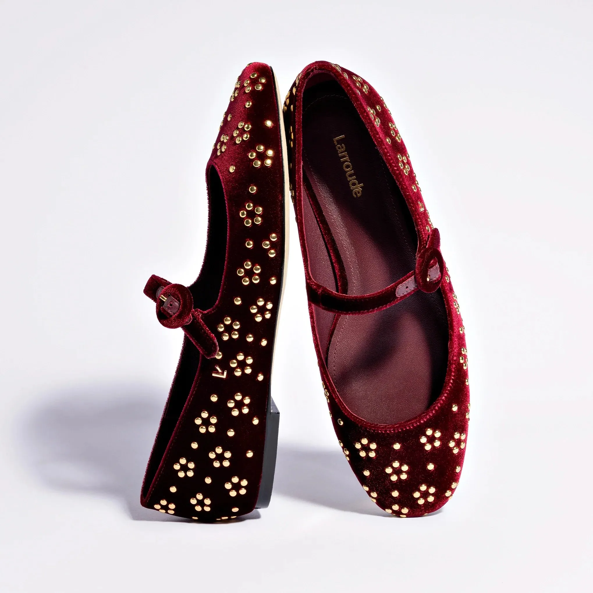 Larroude Blair Ballet Flat In Wine Velvet and Gold Studs