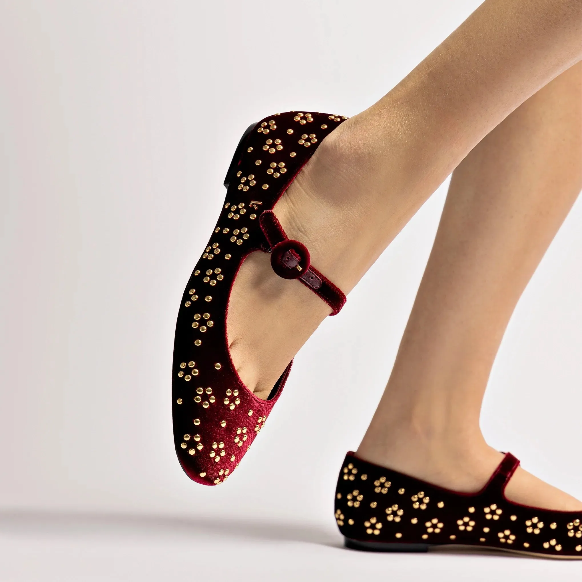 Larroude Blair Ballet Flat In Wine Velvet and Gold Studs