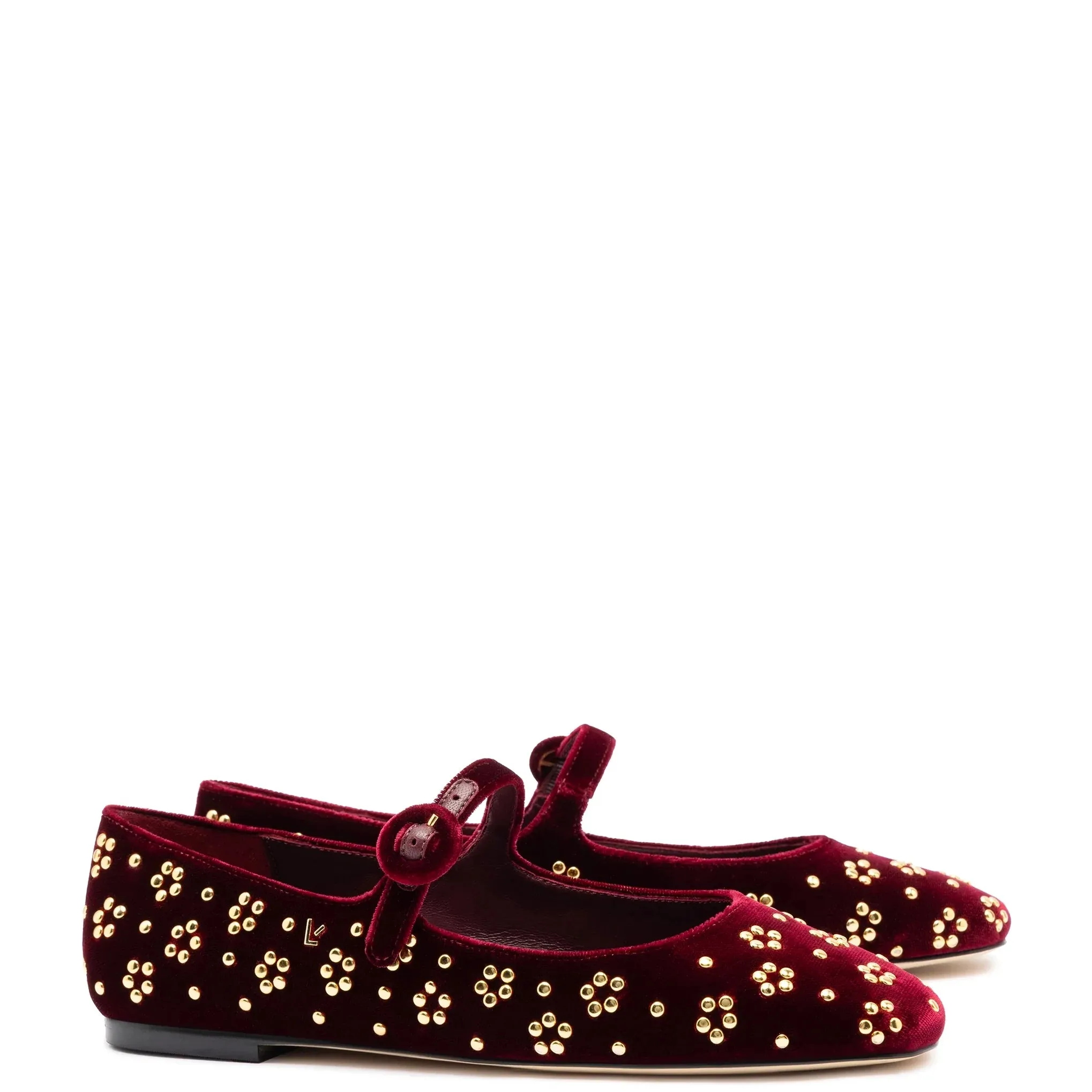 Larroude Blair Ballet Flat In Wine Velvet and Gold Studs