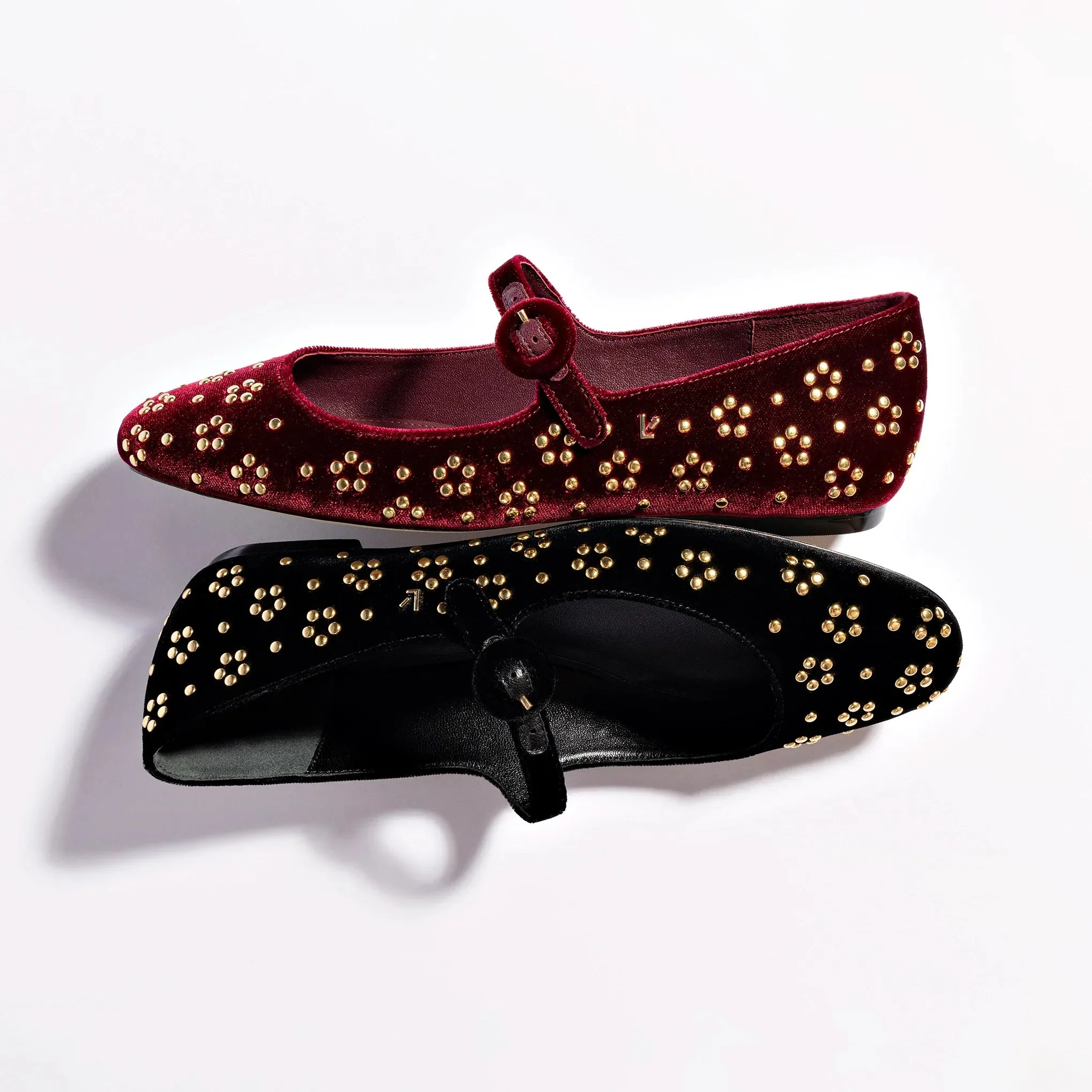 Larroude Blair Ballet Flat In Wine Velvet and Gold Studs