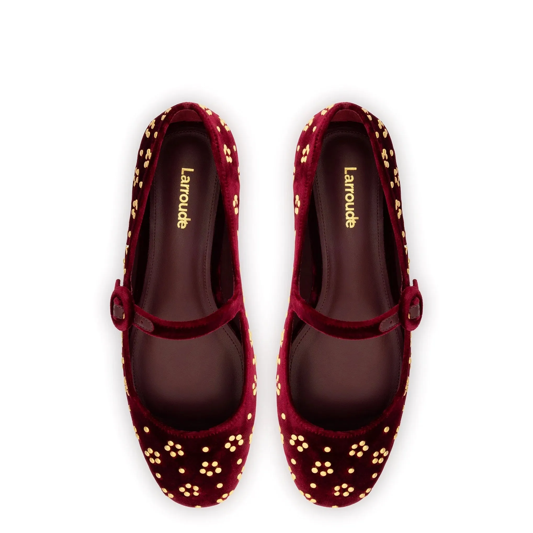 Larroude Blair Ballet Flat In Wine Velvet and Gold Studs