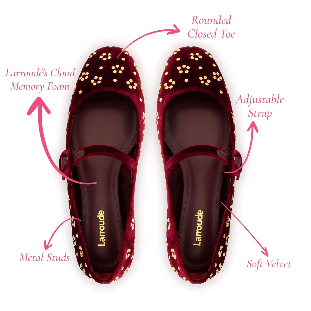 Larroude Blair Ballet Flat In Wine Velvet and Gold Studs