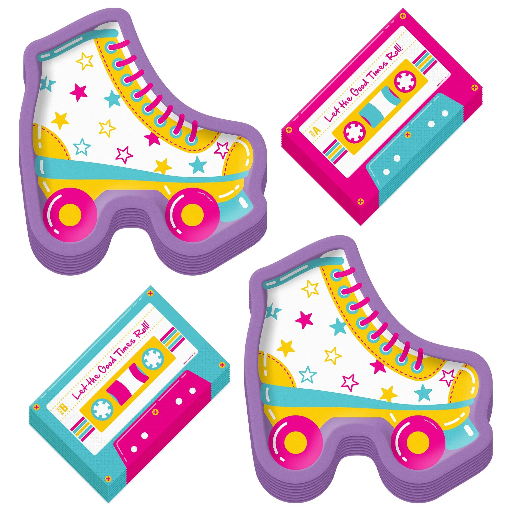 Retro Roller Skate Paper Plates & Cassette Tape Napkins for Decades Party (Serves 16)