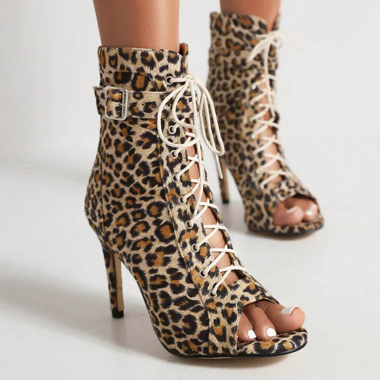 Women's 7cm/9cm Heel Rubber Sole Leopard Print  Leatherette Jazz Shoes Lace-up Dance Heels Boots