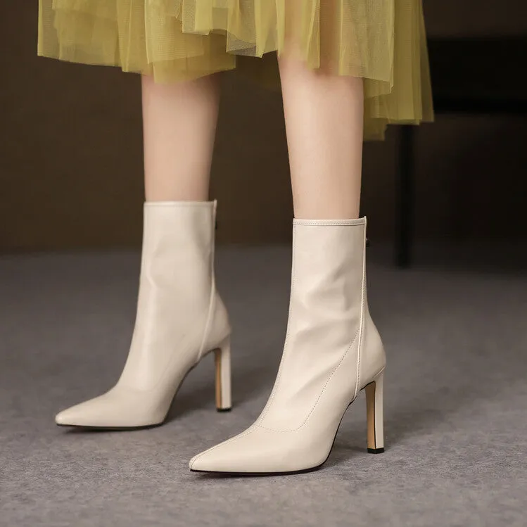 Women's Beige 9.5cm Slim Heel Rubber Sole Leatherette Jazz Shoes Closed Toe Dance Heels Boots