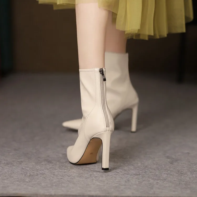 Women's Beige 9.5cm Slim Heel Rubber Sole Leatherette Jazz Shoes Closed Toe Dance Heels Boots