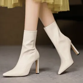 Women's Beige 9.5cm Slim Heel Rubber Sole Leatherette Jazz Shoes Closed Toe Dance Heels Boots