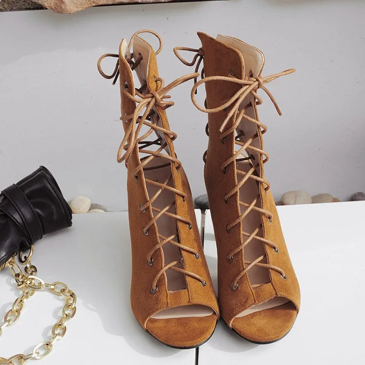 Women's Brown 10cm  Slim Heel  Rubber Sole Suede Jazz Shoes Lace-up Open Toe Dance Heels Boots