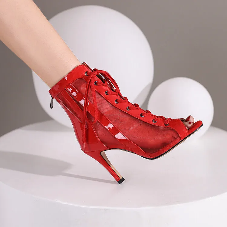 Women's Red 8.5cm Slime Heel Rubber Sole Mesh Jazz Shoes Lace-up Open Toe Dance Heels Boots